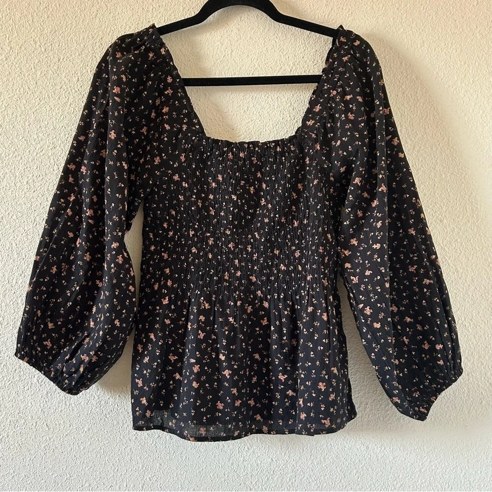 Madewell Women’s Peasant Smock Blouse Sz 4 Black Dixie Floral Print Cottage Core